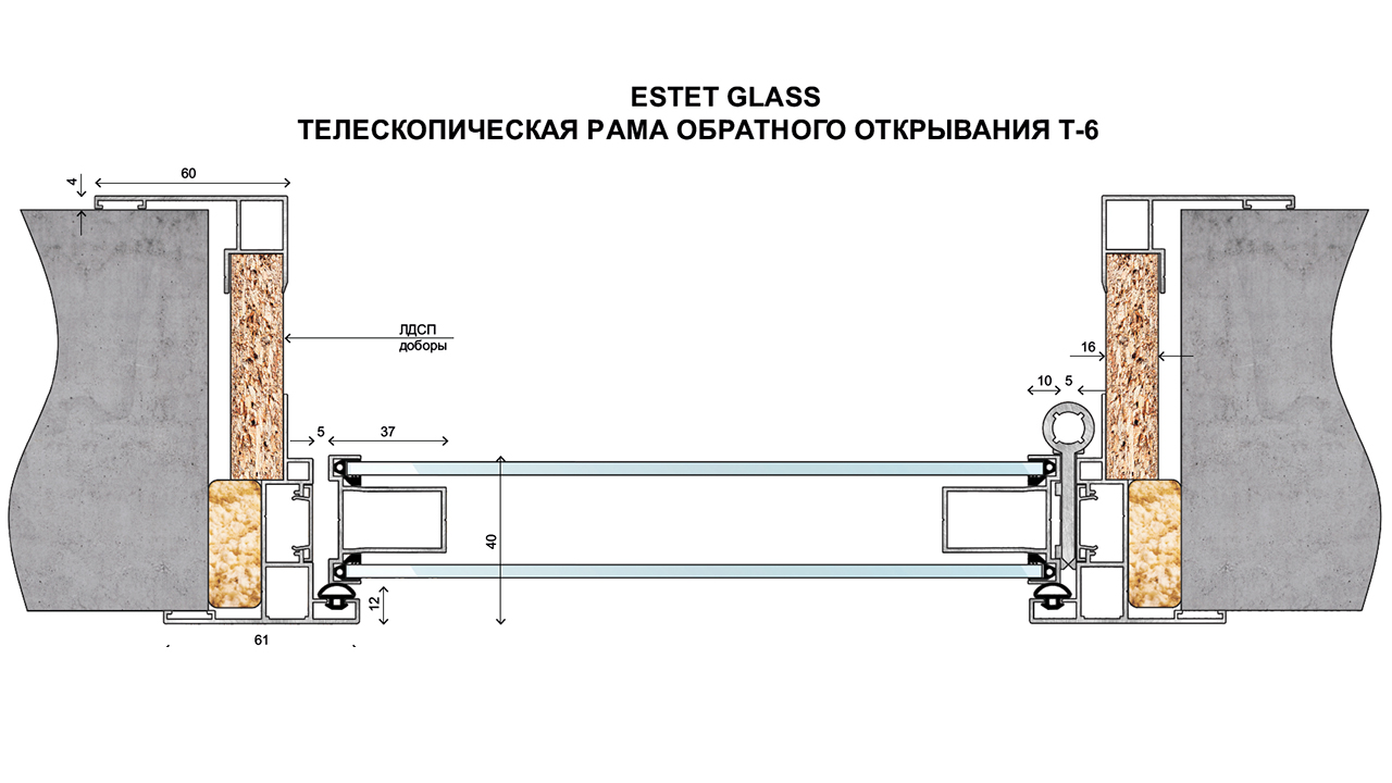 Телескопическая рама обратного открывания Estet glass